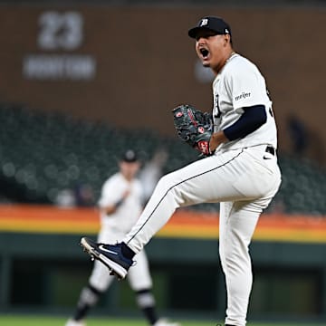 Sep 10, 2024; Detroit, Michigan, USA; Detroit Tigers starting pitcher Keider Montero reacts after getting the final out against the Colorado Rockies.