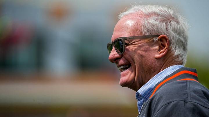 Cleveland Browns owner Jimmy Haslam smiles as he watches the first day of rookie minicamp May 8, 2026, at Cross Country Mortgage Campus in Berea, Ohio.