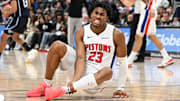 Jan 1, 2025; Detroit, Michigan, USA;  Detroit Pistons guard Jaden Ivey (23) grabs his leg as he falls to the court after being injured against the Orlando Magic in the fourth quarter at Little Caesars Arena. Mandatory Credit: Lon Horwedel-Imagn Images