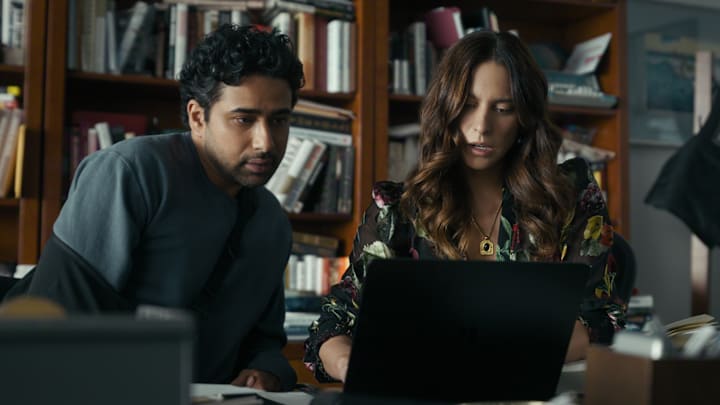 The Night Agent. (L to R) Suraj Sharma as Jay Batra, Genesis Rodriguez as Isabel in episode 309 of The Night Agent