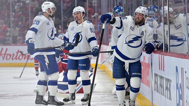 May 1, 2026; Montreal, Quebec, CAN; Tampa Bay Lightning forward Nikita Kucherov (86) takes a breather during the warmup before game six against the Montreal Canadiens in the first round of the 2026 Stanley Cup Playoffs at the Bell Centre. Mandatory Credit: Eric Bolte-Imagn Images