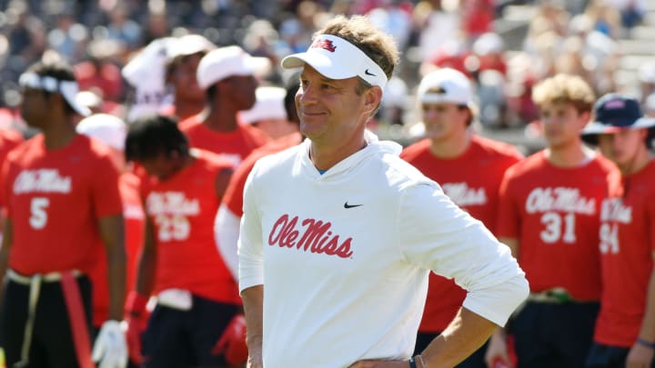 Ole Miss head coach Lane Kiffin watches during the Ole Miss Grove Bowl Games at Vaught-Hemingway Stadium in Oxford, Miss., on Saturday, Apr. 13, 2024.