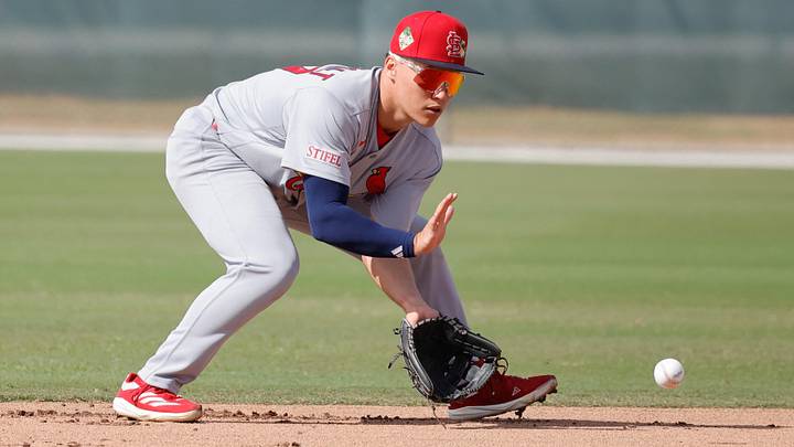 Feb 16, 2026; Jupiter, FL, USA;  St. Louis Cardinals infielder JJ Wetherholt (77) fields the ball during spring training workouts at Roger Dean Stadium. Mandatory Credit: Reinhold Matay-Imagn Images