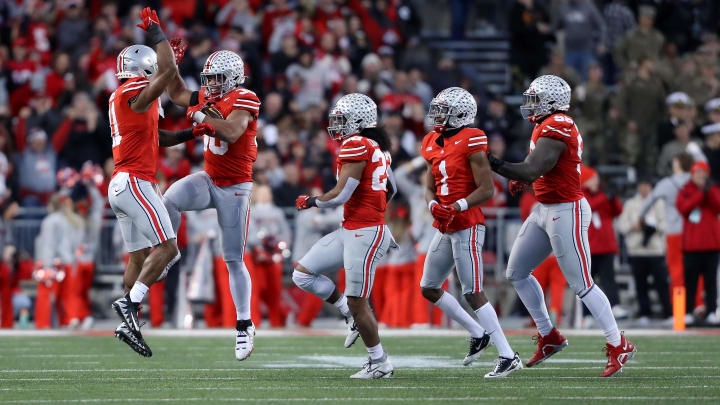 Nov 18, 2023; Columbus, Ohio, USA; Ohio State Buckeyes linebacker Cody Simon (30) celebrates with linebacker C.J. Hicks (11) during the second half against the Minnesota Golden Gophers at Ohio Stadium. Mandatory Credit: Joseph Maiorana-USA TODAY Sports