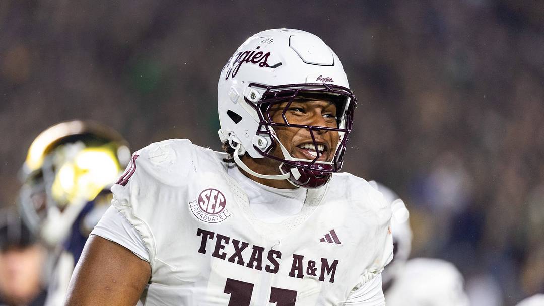 September 13, 2025: Texas A&M defensive lineman Tyler Onyedim (11) reacts during NCAA, College League, USA football game action between the Texas A&M Aggies and the Notre Dame Fighting Irish at Notre Dame Stadium in South Bend, Indiana. 