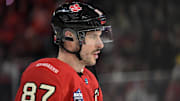 Feb 15, 2025; Montreal, Quebec, CAN; [Imagn Images direct customers only] Team Canada forward Sidney Crosby (87) skates in the warmup period during a 4 Nations Face-Off ice hockey game against Team United States at the Bell Centre. Mandatory Credit: Eric Bolte-Imagn Images