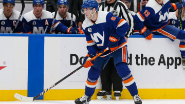 Mar 27, 2022; Elmont, New York, USA; New York Islanders defenseman Noah Dobson (8) controls the puck