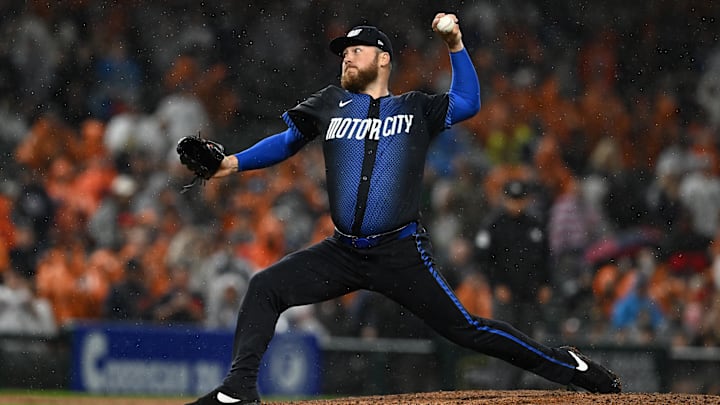 Jun 13, 2025; Detroit, Michigan, USA; Detroit Tigers pitcher Matt Gage (99) throws a pitch against the Cincinnati Reds in the ninth inning at Comerica Park.