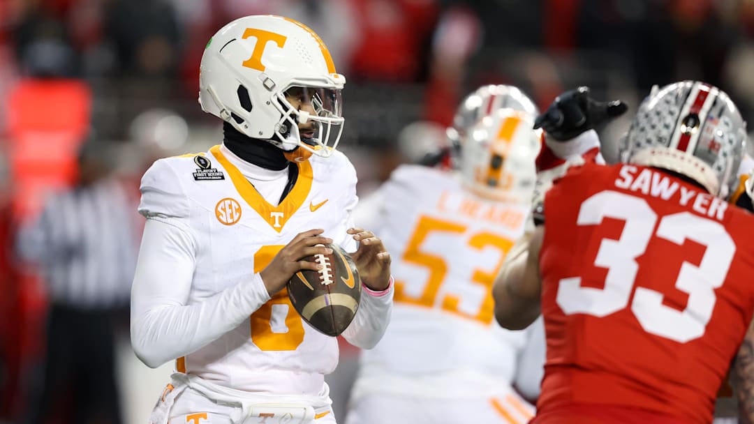 Dec 21, 2024; Columbus, Ohio, USA;  Tennessee Volunteers quarterback Nico Iamaleava (8) looks to pass during the first quarter against the Ohio State Buckeyes at Ohio Stadium. Mandatory Credit: Joseph Maiorana-Imagn Images