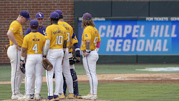 Jun 3, 2024; Chapel Hill, NC, USA;  The Louisiana State Tigers huddle on the mound during the second inning of the Div. I NCAA baseball regional against the North Carolina Tar Heels at Boshamer Stadium.  Mandatory Credit: Jeffrey Camarati-Imagn Images
