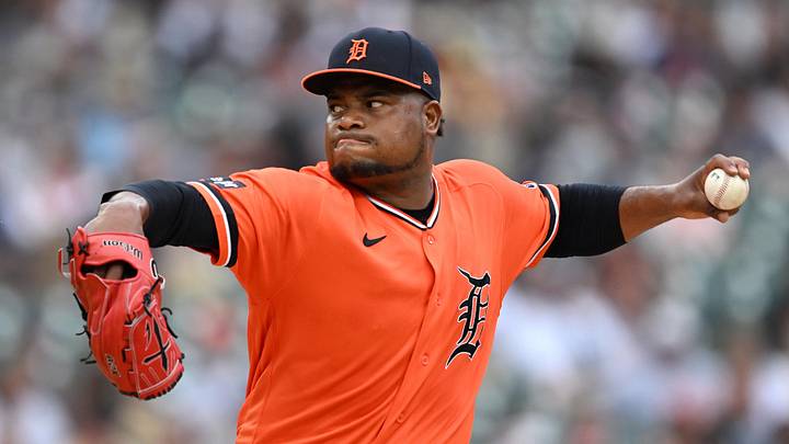 Jun 5, 2026; Detroit, Michigan, USA;  Detroit Tigers starting pitcher Framber Valdez (59) throws a pitch against the Seattle Mariners in the first inning at Comerica Park. Mandatory Credit: Lon Horwedel-Imagn Images