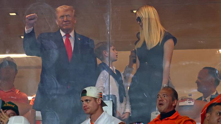 Jan 19, 2026; Miami Gardens, FL, USA; United States President Donald Trump (left) and Ivanka Trump (right)  before the College Football Playoff National Championship game at Hard Rock Stadium. Mandatory Credit: Mark J. Rebilas-Imagn Images