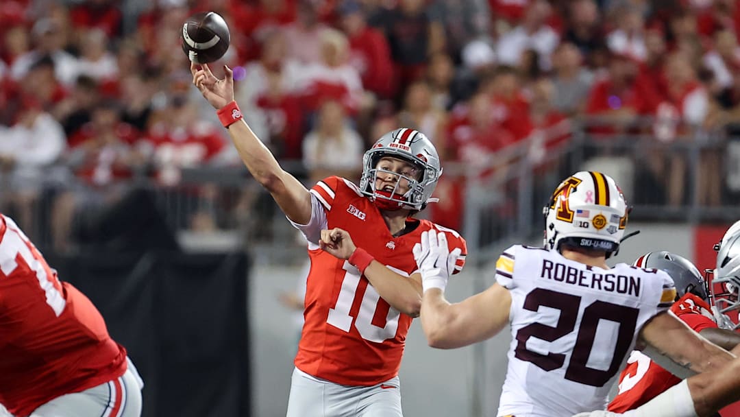 Oct 4, 2025; Columbus, Ohio, USA; Ohio State Buckeyes quarterback Julian Sayin (10) drops back to pass during the first quarter against the Minnesota Golden Gophers at Ohio Stadium. Mandatory Credit: Joseph Maiorana-Imagn Images