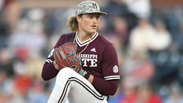 Mississippi State pitcher Khal Stephen (14) pitches against Ole Miss at Swayze Field in Oxford, Miss., on Friday, Apr. 12, 2024.