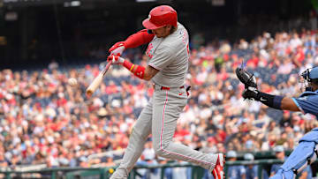  Philadelphia Phillies second baseman Bryson Stott hits a double during the second inning against the Washington Nationals at Nationals Park. 
