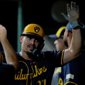 Milwaukee Brewers shortstop Willy Adames (27) celebrates a run in the 6th inning over the Cincinnati Reds at Great American Ball Park, Saturday, August 31, 2024.