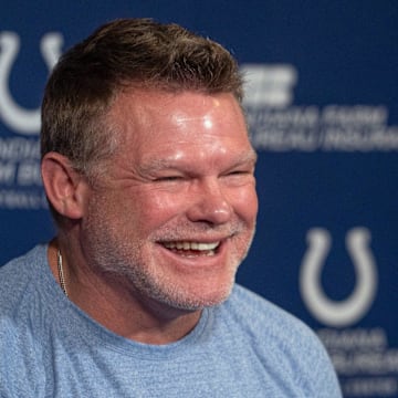 Indianapolis Colts General Manager Chris Ballard speaks to the press in a pre-draft press conference Monday, April 21, 2025 at the Colts headquarters, the Indiana Farm Bureau Football Center.