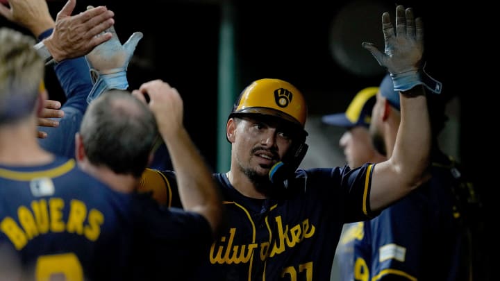 Milwaukee Brewers shortstop Willy Adames (27) celebrates a run in the 6th inning over the Cincinnati Reds at Great American Ball Park, Saturday, August 31, 2024.