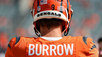 Sep 14, 2025; Cincinnati, Ohio, USA;  Cincinnati Bengals quarterback Joe Burrow (9) warms up before the game against the Jacksonville Jaguars at Paycor Stadium. Mandatory Credit: Joseph Maiorana-Imagn Images