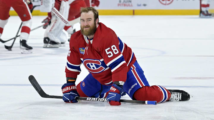 Apr 16, 2024; Montreal, Quebec, CAN; Montreal Canadiens defenseman David Savard (58) stretches during the warmup period before the game against the Detroit Red Wings at the Bell Centre. Mandatory Credit: Eric Bolte-Imagn Images