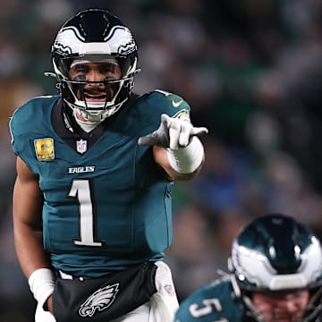 Nov 16, 2025; Philadelphia, Pennsylvania, USA; Philadelphia Eagles quarterback Jalen Hurts (1) reacts against the Detroit Lions during the first half at Lincoln Financial Field. Mandatory Credit: Bill Streicher-Imagn Images