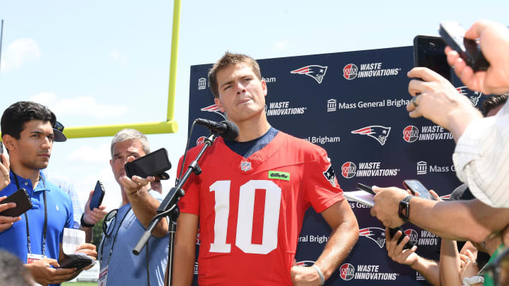 Jul 26, 2024; Foxborough, MA, USA; New England Patriots quarterback Drake Maye (10) holds a press conference at training camp at Gillette Stadium. Mandatory Credit: Eric Canha-USA TODAY Sports