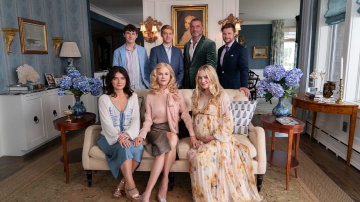 The Perfect Couple. (L to R) Eve Hewson as Amelia Sacks, Sam Nivola as Will Winbury, Nicole Kidman as Greer Winbury, Billy Howle as Benji Winbury, Liev Schreiber as Tag Winbury, Dakota Fanning as Abby Winbury, Jack Reynor as Thomas Winbury in episode 103 of The Perfect Couple. Cr. Seacia Pavao/Netflix © 2024