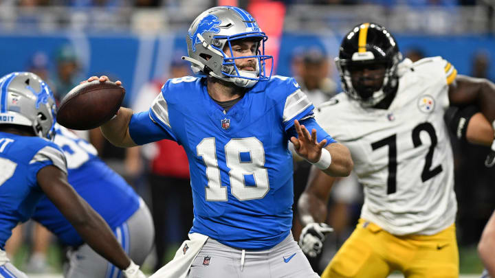 Aug 24, 2024; Detroit, Michigan, USA;  Detroit Lions quarterback Jake Fromm (18) throws a pass against the Pittsburgh Steelers in the fourth quarter at Ford Field. Mandatory Credit: Lon Horwedel-USA TODAY Sports