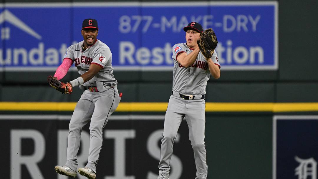 May 18, 2026:Cleveland Guardians outfielders Angel Martínez (left) and Petey Halpin celebrate after their win over the Detroit Tigers at Comerica Park. Mandatory Credit: Lon Horwedel-Imagn Images
