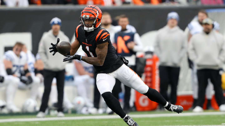 Dec 10, 2023; Cincinnati, Ohio, USA; Cincinnati Bengals wide receiver Ja'Marr Chase (1) catches a pass mover the middle during the first quarter against the Indianapolis Colts at Paycor Stadium. Mandatory Credit: Joseph Maiorana-USA TODAY Sports