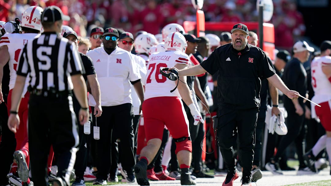 Nebraska Cornhuskers head coach Matt Rhule looks for an explanation on a call against them while his team is playing Ohio State Buckeyes during the fourth quarter of their game at Ohio Stadium on Oct 26, 2024, in Columbus.