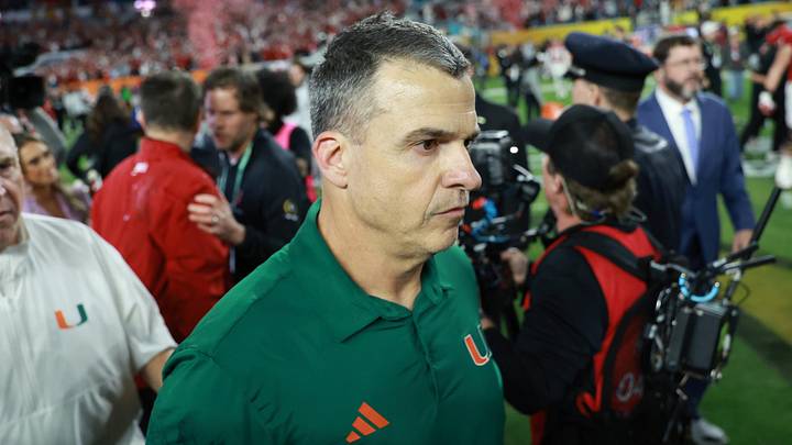 Jan 19, 2026; Miami Gardens, FL, USA; Miami Hurricanes head coach Mario Cristobal reacts after the College Football Playoff National Championship game at Hard Rock Stadium. Mandatory Credit: Mark J. Rebilas-Imagn Images
