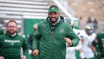 Colorado State University head football coach Jay Norvell runs onto the field before the Green and Gold Spring Game on Saturday, April 20, 2024, at Canvas Stadium in Fort Collins, Colo.