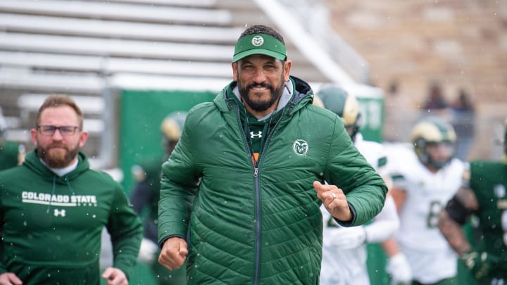 Colorado State University head football coach Jay Norvell runs onto the field before the Green and Gold Spring Game on Saturday, April 20, 2024, at Canvas Stadium in Fort Collins, Colo.