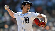 Apr 27, 2025; Detroit, Michigan, USA;  Detroit Tigers pitcher Kenta Maeda (18) throws a pitch against the Baltimore Orioles in the ninth inning at Comerica Park.