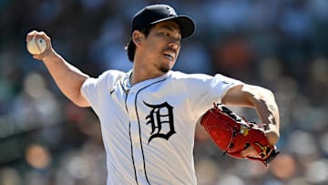 Apr 27, 2025; Detroit, Michigan, USA;  Detroit Tigers pitcher Kenta Maeda (18) throws a pitch against the Baltimore Orioles in the ninth inning at Comerica Park. 