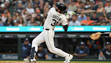 Detroit Tigers left fielder Riley Greene drives in a run with a single against the Tampa Bay Rays in the fifth inning at Comerica Park.