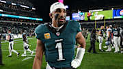 Nov 16, 2025; Philadelphia, Pennsylvania, USA; Philadelphia Eagles quarterback Jalen Hurts (1) reacts after the game against the Detroit Lions at Lincoln Financial Field. Mandatory Credit: Eric Hartline-Imagn Images