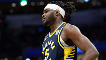 Mar 27, 2025; Washington, District of Columbia, USA; Indiana Pacers forward Jarace Walker (5) looks on during the second half against the Washington Wizards at Capital One Arena. Mandatory Credit: Daniel Kucin Jr.-Imagn Images
