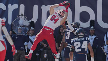 September 14 2024: Utah Utes tight end Caleb Lohner (84) catches a pass for a touchdown during the game with Utah Utes and Utah State held at Merlin Olson Field in Logan, Ut. 