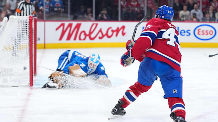 Jan 29, 2026; Montreal, Quebec, CAN; Montreal Canadiens defenseman Alexandre Carrier (45) scores a goal against Colorado Avalanche goalie Scott Wedgewood (41) during the third period at the Bell Centre. Mandatory Credit: Eric Bolte-Imagn Images