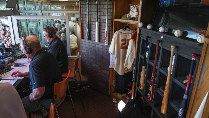 Keith Moreland, left, and Greg Swindell, right, broadcast from the Longhorn Network booth during the Texas Longhorns baseball game against Kansas at UFCU Disch–Falk Field on Saturday, May. 18, 2024 in Austin.