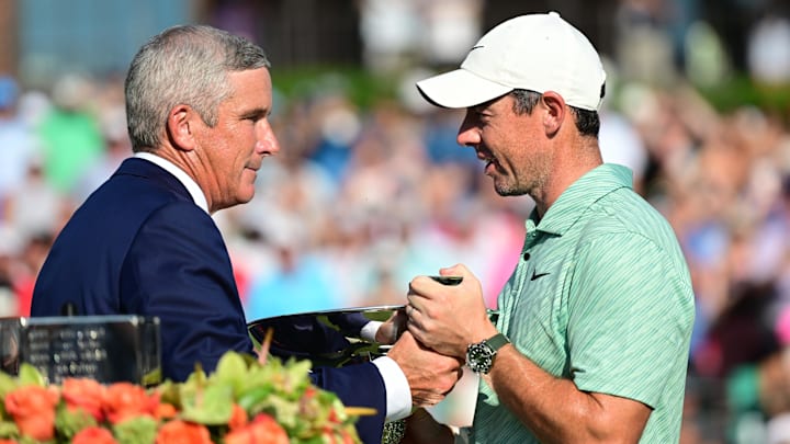 PGA Tour commissioner Jay Monahan (left, with Rory McIlroy at the 2022 Tour Championship) expressed zero concern over McIlroy’s skipping of three signature events this season.