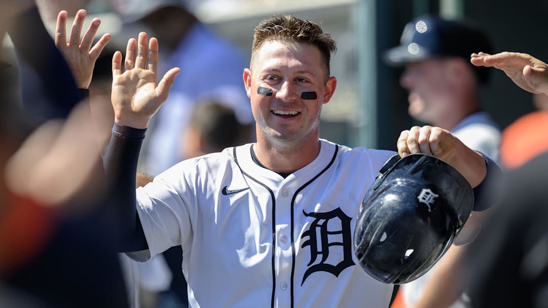 Detroit Tigers first baseman Spencer Torkelson (20) celebrates in the dugout.