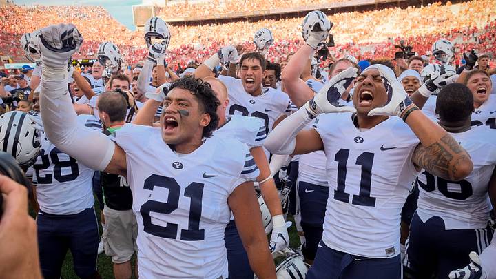 BYU celebrates a last-second victory over Nebraska