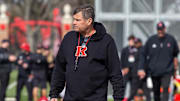 Offensive coordinator Kirk Ciarrocca observes warm up exercises before Rutgers University football spring practice at Marco Battaglia Practice Complex in Piscataway, NJ Tuesday April 11, 2023.

Ru01