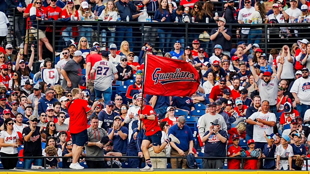 Gaurdians fans celebrate during the home opener against the Chicago Cubs, April 4, 2026, in Cleveland.