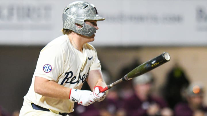 Ole Miss designated hitter Will Furniss (35) gets a single against Mississippi State at Swayze Field in Oxford, Miss., on Friday, Apr. 12, 2024.