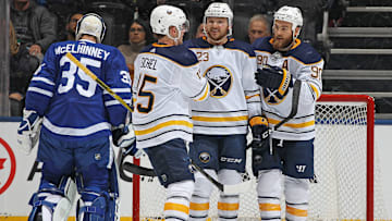 Former Buffalo Sabres players Sam Reinhart, Jack Eichel and Ryan O'Reilly