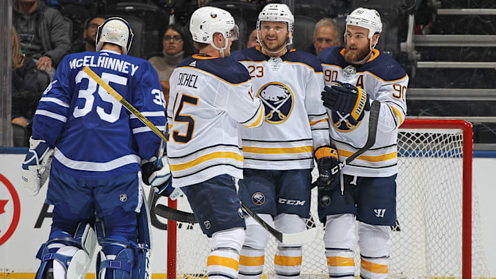 Former Buffalo Sabres players Sam Reinhart, Jack Eichel and Ryan O'Reilly